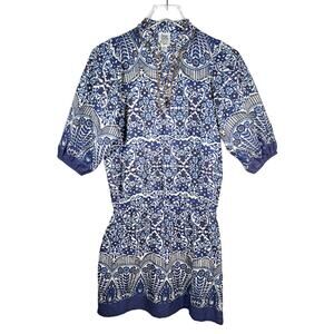 Ivy Jane Floral Beaded Embellished Dress XS Puff Short Sleeve Blue White